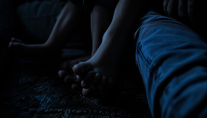 Close-up of Feet and Denim in Low Light