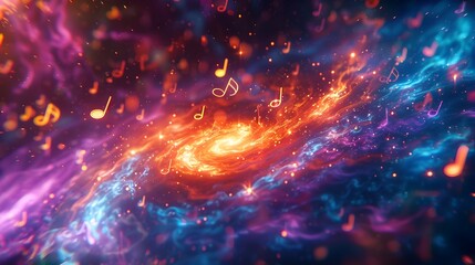 Obraz premium Vibrant Musical Galaxy An Energetic Swirl of Colorful Notes Across the Cosmic Expanse