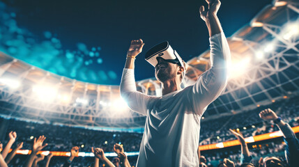 Caucasian man wearing virtual reality headset in a crowded stadium at night. Concept of virtual technology, immersive experience, sports event, entertainment