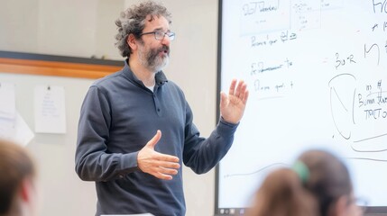 University lecturer presenting a topic to a class using a whiteboard.