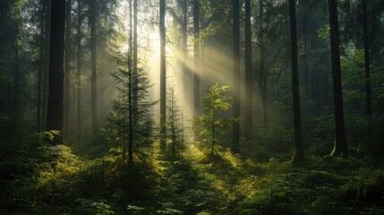 Naklejka premium Sunbeams Illuminating a Misty Forest