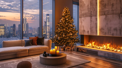 Luxury apartment living room with Christmas tree, candles, lit fireplace, offering panoramic view of city skyline at sunset. Concept of high-end interior design, festive decor, modern urban living