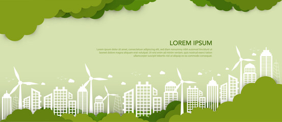 Fototapeta premium Sustainability vector illustration. Concept green energy, Eco-friendly building, sustainable industry, windmills and solar energy. Green background.