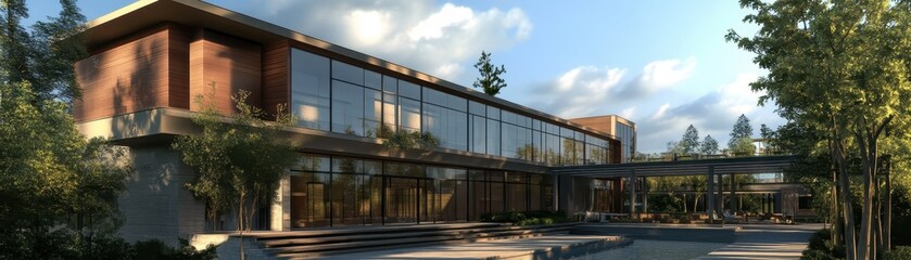 Fototapeta premium Modern glass and brick building with expansive windows, set against a bright sky and surrounded by lush trees and landscaped grounds.