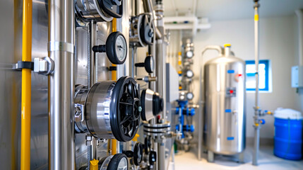 Close-up view of modern water filtration system with stainless steel pipes and gauges in industrial setting. Concept of water purification, clean technology, industrial equipment, fluid management