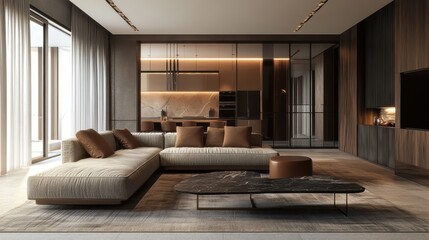 Fototapeta premium Modern luxurious living room with cozy sectional sofa, stylish decor and integrated kitchen in open concept design with warm lighting.