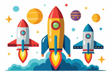 Three Space Rockets Launching Through Space