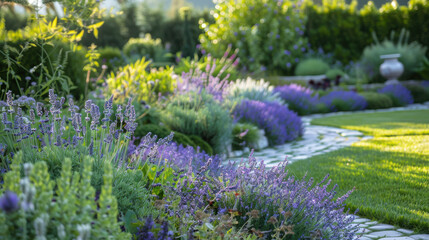 Obraz premium A serene garden with lavender flowers swaying in the gentle breeze