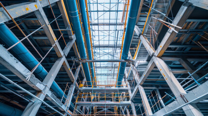 Fototapeta premium Construction site with installation of metallic air ducts and scaffolding in a commercial building. Concept of industrial infrastructure, HVAC systems, building construction