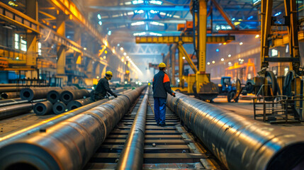Obraz premium Male workers handling hot steel pipes in an industrial factory. Concept of laborers, manufacturing process, heavy industry, and industrial equipment