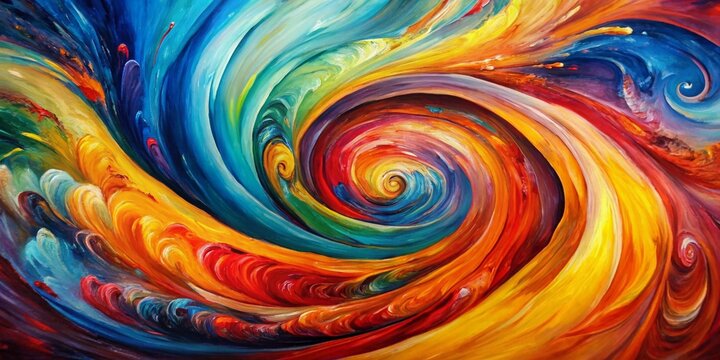 Vibrant colors swirl together in abstract harmony, with thick brushstrokes and textured oil paint creating a dynamic, expressive background on a stretched canvas.