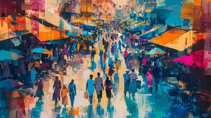 Obraz premium Vibrant street market bustling with people exploring shops under colorful awnings during a sunny day