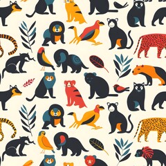 Colorful cartoon animals in a playful pattern on a light background.