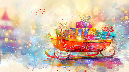 Watercolor illustration of a sleigh filled with colorful wrapped gifts on a vibrant background. Concept of holiday season, Christmas presents, winter celebration, festive decoration. Copy space