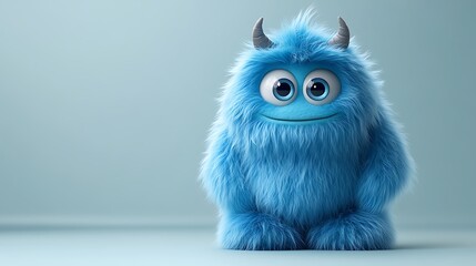 Fototapeta premium 3D Cute monster with big eyes and horns is sitting on a blue background AI Generated