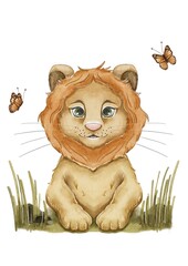 watercolor baby lion African plants hand drawn illustration
