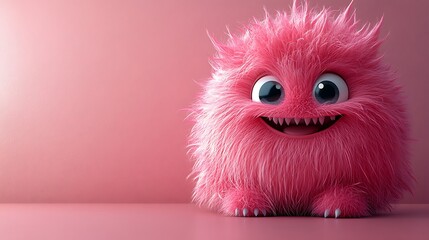 Fototapeta premium 3D pink fuzzy monster with big eyes and a big smile on pink background AI Generated