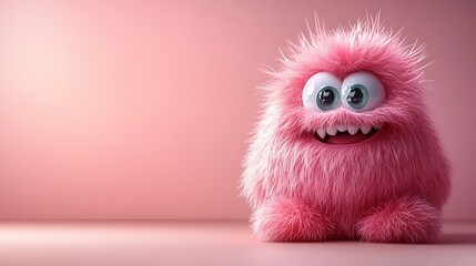 Fototapeta premium 3D Rendered fuzzy pink monster with big eyes and a big smile on pink background AI Generated
