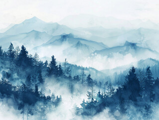 Watercolor Painting of a Misty Mountain Landscape with Silhouette Trees