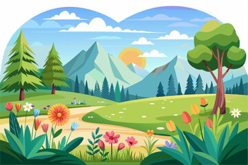 Obraz premium A Sunny Spring Landscape with Mountains, Trees, Flowers, and a Path