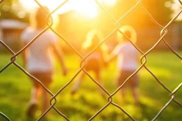 Naklejka premium Family playing in a yard, symbolizing boundaries and safety.