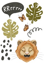 watercolor baby lion African plants hand drawn set of objects