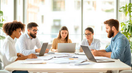 Fototapeta premium Young business team discussing the plan together, a diverse group of professionals gathered around a conference table, laptops and documents spread out, everyone focused and engage