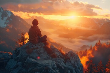 Obraz premium A person sitting on a rock, gazing at a vibrant sunset over mountains and clouds.