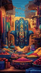 Fototapeta premium Hamsa Hand Desert Market Judaism, Islam Religion Spiritual Symbol - Generative AI