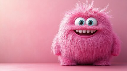 Fototapeta premium Cute pink monster with big eyes and a big smile on the pink background AI Generated