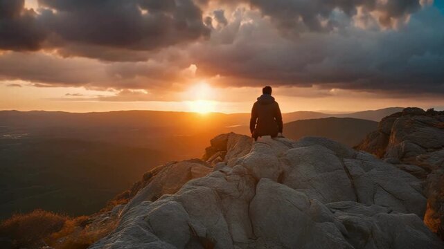 At sunset, an individual can be seen positioned on the edge of a cliff, their back directed towards the audience