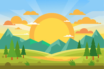 Obraz premium A cartoon landscape with a large sun, mountains, and trees