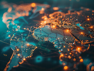 A Close-Up of a World Map with Illuminated Connections