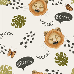 watercolor baby lion African plants hand drawn seamless pattern