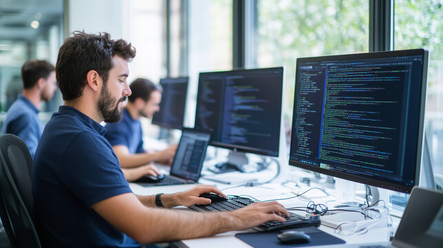 Team of programmers collaborating, in an open office space, each with their own workstation but working together on a large project, screens show complex code, databases, and devel