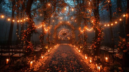Obraz premium woodland-inspired wedding backdrop with tall trees and hanging lanterns creating a magical forest atmosphere 