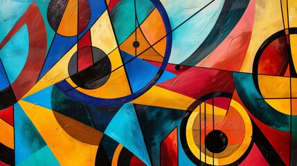 Fototapeta premium Abstract painting with vibrant colors featuring geometric shapes and musical elements
