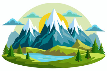 Mountain Range Landscape with Lake and Pine Trees