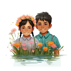 Lovely siblings are playing adorn with natural flower vector illustration 