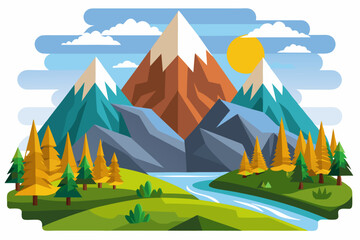 Mountain Range with Snow-Capped Peaks, River, and Forest