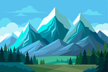 A Detailed Illustration of Majestic Mountains with a Forest in the Foreground
