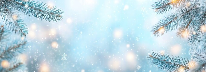 Snow-Covered Pine Branches with Blurred Lights and Snowflakes