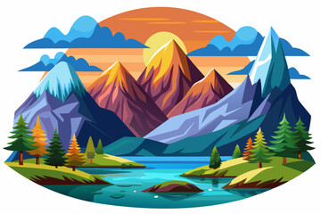 Mountainous Landscape with Sunset and Lake