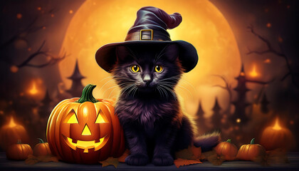  Halloween Pumpkin with Cat Wearing a Witch Hat- A Halloween decor scene featuring a car_1(158)