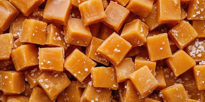 The texture background of salted caramel pieces with grains of salt. Classic flavor