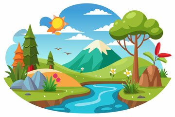 Naklejka premium Serene Mountain Landscape with Winding River and Sunny Sky