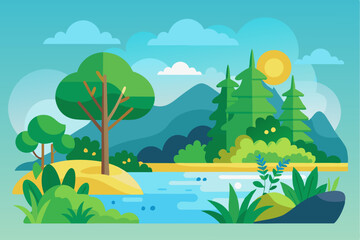 Obraz premium Lush Green Landscape with River, Mountains, and Sun