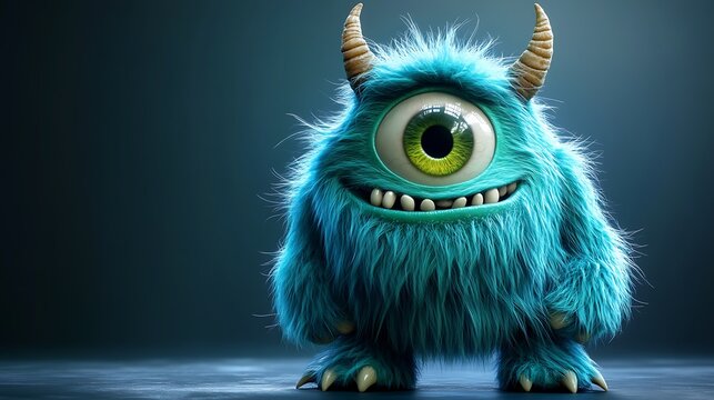 3D blue monster with green eye Monster in the dark background AI Generated
