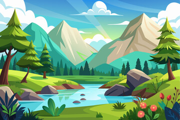 Serene Mountain Valley with Winding River and Lush Greenery