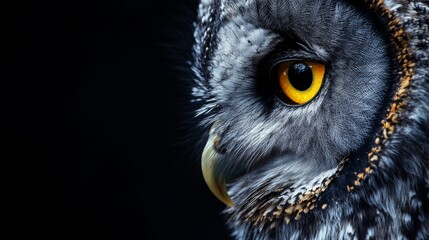 Close-up portrait of an owl with a focus on its yellow eye against a black background